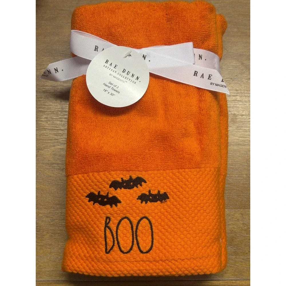 Rae Dunn Towels Kitchen Hand Set of 2 Orange Halloween Boo New